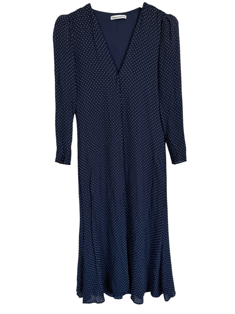 Reformation Navy Polka Dot Long Sleeve Midi Dress Women’s Size Med - Picture 2 of 11